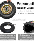 Close-up of 8 and 10 inch Pneumatic Rubber Caster Wheel showing inflatable inner tube and rubber outer tire features.