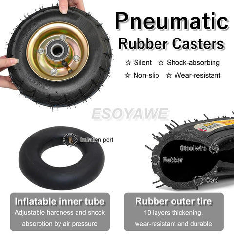 Close-up of 8 and 10 inch Pneumatic Rubber Caster Wheel showing inflatable inner tube and rubber outer tire features.