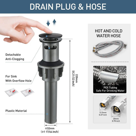 4 Inch Centerset Bathroom Sink Faucet With 2 Handles Chrome Finish, pop up drain and supply hose details