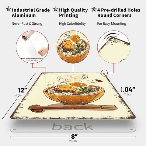 Vintage Metal Sign Ramen Noodle Art Tin Sign Poster For Home Room Garage Office Decor 8x12 Inch Wall Art Retro Kitchen Decor Perfect For Diner Bar Coffee Corner Man Cave, showing dimensions and features
