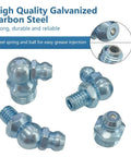 All In One 240 Piece Grease Fittings Kit With 120 Metric And 120 SAE Fittings Including M6 M8 M10 And One Quarter Inch 28 One Eighth Inch 27 Sizes In Straight 45 Degree And 90 Degree Angles With Fitting Caps For Replacing Missing Or Damaged Zerks - Various galvanized fittings and close-ups of steel spring and ball