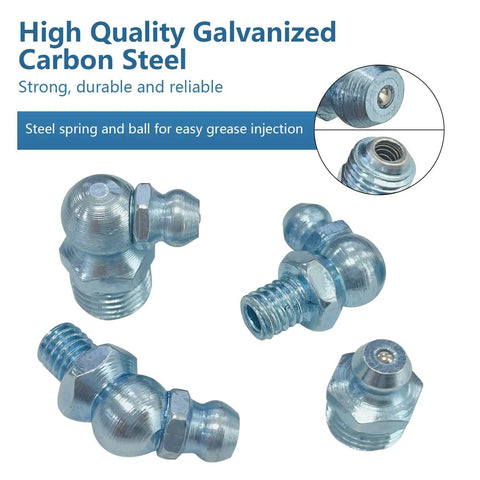 All In One 240 Piece Grease Fittings Kit With 120 Metric And 120 SAE Fittings Including M6 M8 M10 And One Quarter Inch 28 One Eighth Inch 27 Sizes In Straight 45 Degree And 90 Degree Angles With Fitting Caps For Replacing Missing Or Damaged Zerks - Various galvanized fittings and close-ups of steel spring and ball