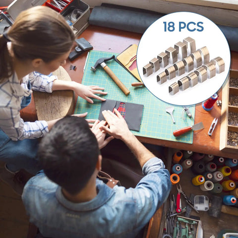 Overhead view of two people crafting leather on a table with 18Pcs Universal DIY Embossing Punch Set Kit In Alloy Steel for Leather Crafting shown.