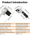 Diagram of Pneumatic Steel Strapping Tool For Heavy Duty Packaging, 8500N Tension, No Power Supply Needed showing dimensions