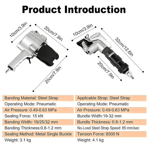Kickass Heavy Duty Pneumatic Steel Strapping Tool With Smooth Action Tensioner And Rapid Release Cutter, dimensions and specs.