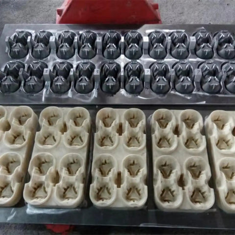 Pro Level Automatic Waste Paper Tray Machine With Smooth Pulp Molding Tech For Fast Carton Press Production showing molded egg trays in two colors.