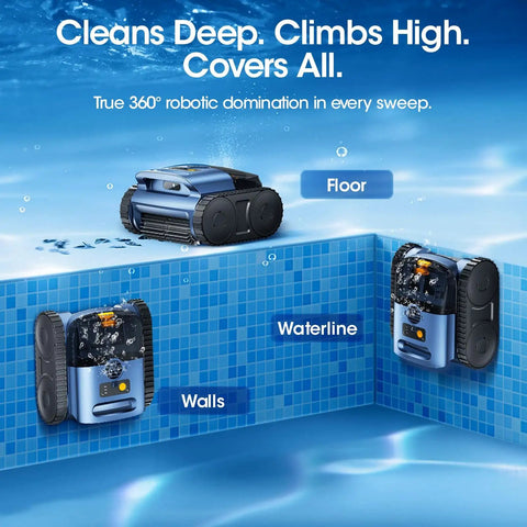 Go-To Robotic Pool Vacuum With Smarter Navigation And Track Drive, Dual 180W Brushless Motors, shown cleaning pool walls and floor