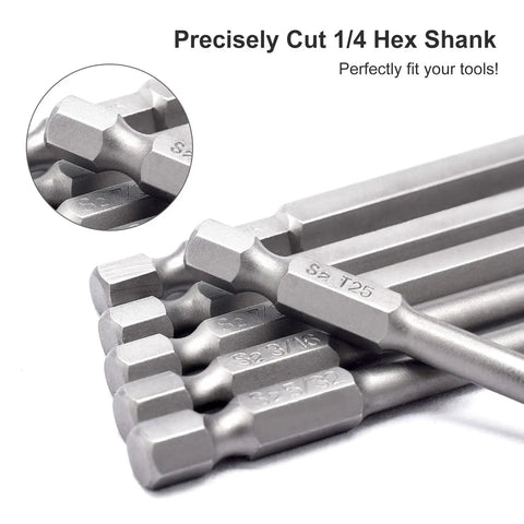 Hex Head Allen Wrench Drill Bit Set 47Pcs With Metric And SAE close-up of 1/4 inch shank showing precise cut S2 steel bits