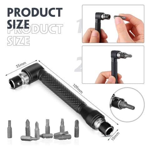 17 Piece Flexible Drill Bit Extension Set With 105 Degree Right Angle Adapters showing measurements and interchangeable bits.