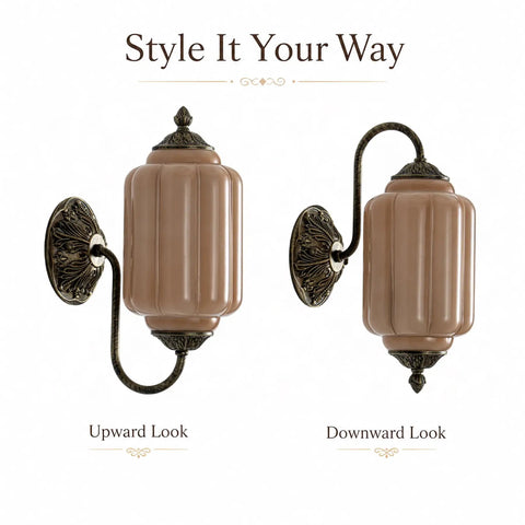 RONGHUAFUGUI Vintage Modern Wall Sconce with Amber Glass shown in upward and downward orientations, featuring antique brass finish and ribbed amber glass.