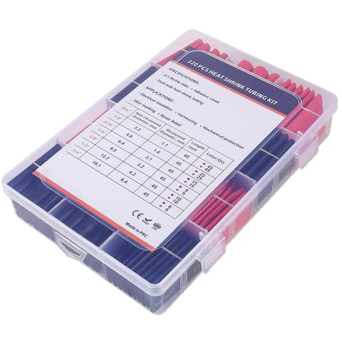 Heavy Duty Heat Shrink Tubing Kit 220 Pcs 3 To 1 Adhesive Lined Marine Grade Black And Red organized in a clear box