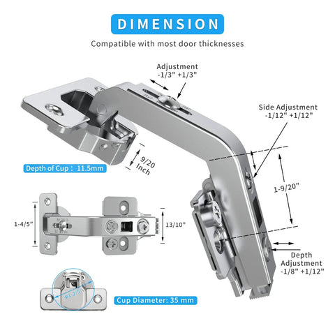 Diagram of Two Pack 135 Degree Corner Cabinet Hinge, Adjustable 3D Concealed Overlay Hinge With Clip-On Plate showing dimensions.