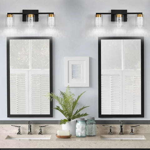 Dope Gold And Black 3 Light Vanity Light With Crystal Bubble Glass above double sinks in modern bathroom