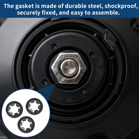 Close-up of 510 Piece Internal Tooth Star Lock Washers Set For M2.5 To M12 in use on a metal bolt, black finish