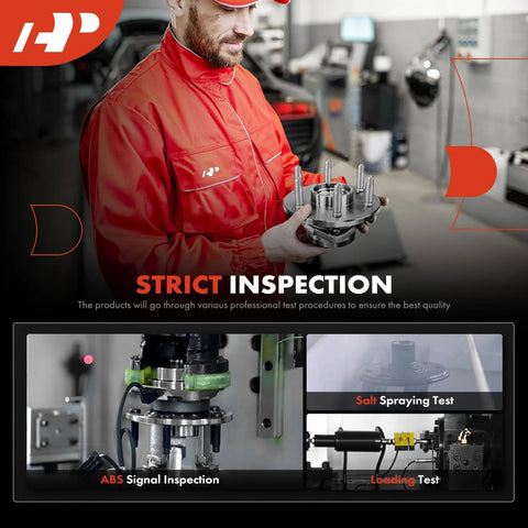 Technician inspecting front wheel bearing and hub assembly; labeled Strict Inspection for quality control.