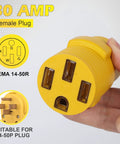 Nema L14 To 14 50 R Adapter For Ev And Rv Setup Twist Lock Generator Power Cord Connector 30 Amp female plug shown in hand.
