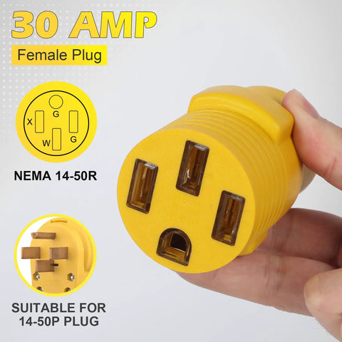 Nema L14 To 14 50 R Adapter For Ev And Rv Setup Twist Lock Generator Power Cord Connector 30 Amp female plug shown in hand.