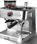 Top Shelf 20 Bar Semi Automatic Espresso Machine With Precision Burr Grinder And Adjustable Grind Size For Knockout Crema And Straight Fire Lattes Featuring Pid Temp Control 2.8 Liter Tank And Steam Wand, side view with pressure gauge.