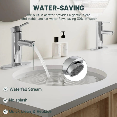 Chrome Single Handle Bathroom Sink Faucet With Pop Up Drain And Overflow Included Durable Brass Construction Modern Vanity Lavatory Faucet For Homes And RVs Easy Install 1 Hole Setup. "Water-saving feature with waterfall stream in modern setting."