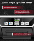 Front view of vacuum sealer control panel with Dry/Food/Moist, Seal Only, Vacuum&Seal Cancel, Vacuum Only, Canister