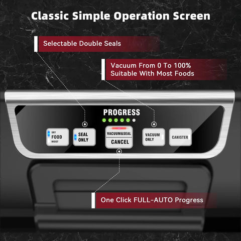Front view of vacuum sealer control panel with Dry/Food/Moist, Seal Only, Vacuum&Seal Cancel, Vacuum Only, Canister