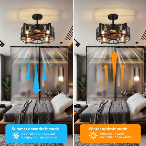 Industrial Style Ceiling Fan With Light For Living Room And Bedroom Black Enclosed Cage demonstrating summer and winter airflow modes