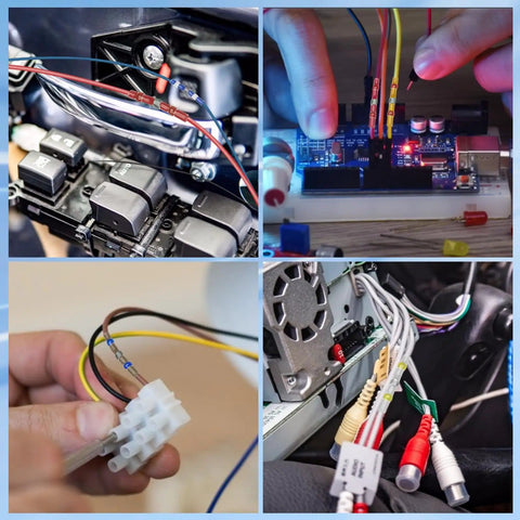 Collage of 100 Pcs Solder Seal Wire Connectors Kit For Waterproof Insulated Electrical Terminals And Butt Splices applied in various setups