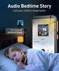 Kid Friendly MP3 Player With Bluetooth And WiFi 4 Inch Screen Music Player With Parental Controls Spotify Kids Compatible Expandable To 512GB Black showing audiobook app next to sleeping child.