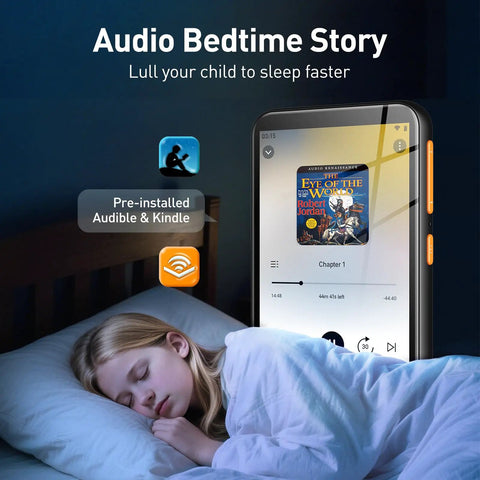 Kid Friendly MP3 Player With Bluetooth And WiFi 4 Inch Screen Music Player With Parental Controls Spotify Kids Compatible Expandable To 512GB Black showing audiobook app next to sleeping child.