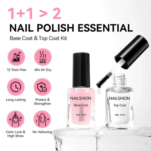 Clear Top Coat And Sheer Pink Base Coat Ridge Filler Nail Polish Set With Castor Oil, bottles on display with features.