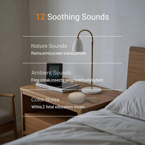 Bedside table with On The Go Baby Sleep Sound Machine With 12 Soothing White Noise Tracks USB Recharge 15 Hour Battery Life Super Handy Portable Travel Clip On Stroller