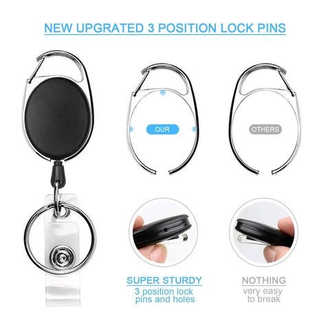 Five Pack Retractable Badge Reels With Carabiner Clip And Key Ring for ID Cards and Keychains showing upgraded lock design