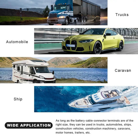 Battle Tested Aluminum Battery Terminal Connectors Keeps Rust At Bay Fits Like A Glove Over Positive And Negative Posts For Rides That Hit Hard Ready To Crank Pack Of Four showcased in trucks, cars, caravans, and ships.
