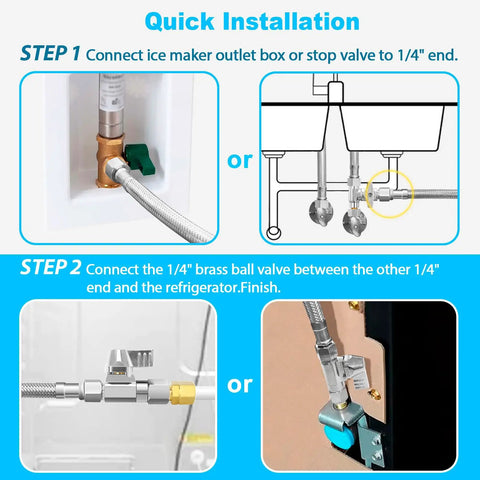 Quick installation guide for 10-Foot Stainless Steel Braided Refrigerator Water Line Kit with brass valve connections.