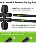 Instructions for pushing tubing into Six-Way Barbed Tee Connectors For Drip Irrigation, 1/2 Inch to 1/4 Inch Tee Splitters
