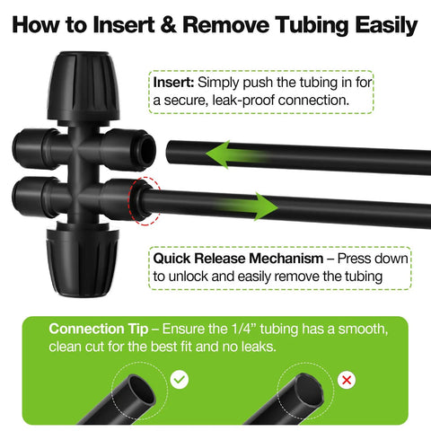 Instructions for pushing tubing into Six-Way Barbed Tee Connectors For Drip Irrigation, 1/2 Inch to 1/4 Inch Tee Splitters