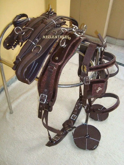 Nylon Horse Driving Harness with Patchwork Bridle, padded western bridle, and synthetic leather padding on display rack