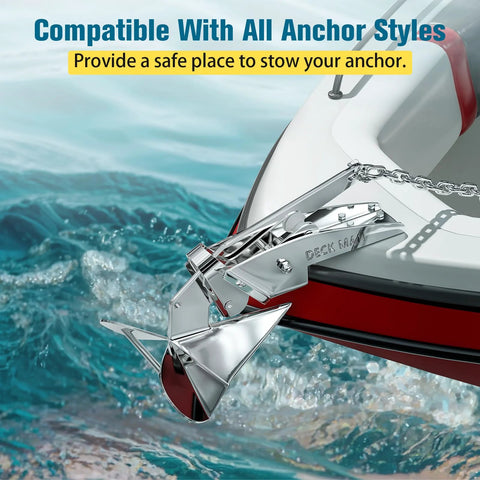 Deck Man 316 stainless steel hinged bow anchor roller installed on a boat bow with chain and Delta-style anchor
