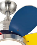 Close-up of Dope Roundabout 30 Inch Indoor Ceiling Fan With Light Kit, blue and yellow reversible blades, brushed nickel finish.