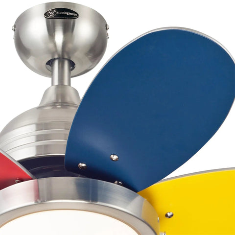 Close-up of Dope Roundabout 30 Inch Indoor Ceiling Fan With Light Kit, blue and yellow reversible blades, brushed nickel finish.