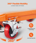 Close-up of orange VEVOR hydraulic lift table cart wheel; alloy-steel frame and non-slip top