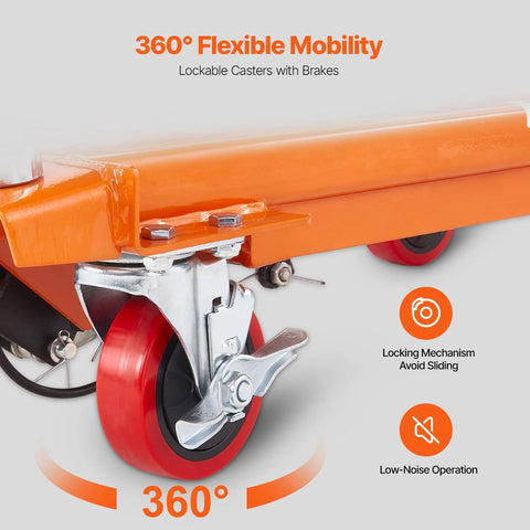 Close-up of orange VEVOR hydraulic lift table cart wheel; alloy-steel frame and non-slip top