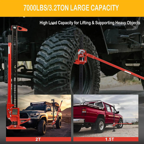 Heavy Duty Off Road Farm Jack 60 Inch 6600 Lbs All Fit Tall Utility Jack lifting a truck next to a large off-road tire