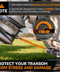 Close-up of Heavy Duty Adjustable Boat Transom Saver Supports Up To 100 HP Outboard Motor with clamp on motor.