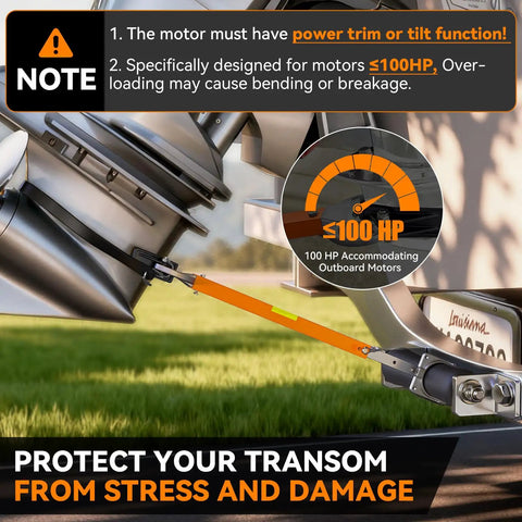 Close-up of Heavy Duty Adjustable Boat Transom Saver Supports Up To 100 HP Outboard Motor with clamp on motor.