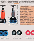 Cordless 18 Inch Walk Behind Floor Scrubber With Dual Brushes, 120 Minute Battery Power, industrial cleaner specifications shown