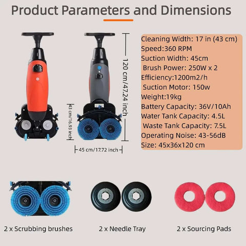 Cordless 18 Inch Walk Behind Floor Scrubber With Dual Brushes, 120 Minute Battery Power, industrial cleaner specifications shown