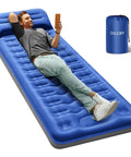 Man relaxing on 6 Inch Thick Camping Sleeping Pad With Built In Foot Pump, Pillow Ready Self Inflating Mattress, blue