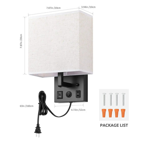Plug In Wall Sconces With Bulbs Two Pack USB Port And Outlet Black Wall Lamps For Bedroom And Living Room Includes Bulbs