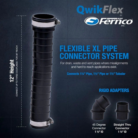 QwikFlex 36 Inch Flexible Pipe Connector Kit For Offset Or Hard To Reach 1-1/2 Inch SCH40 PVC DWV Connections, ideal for piping.